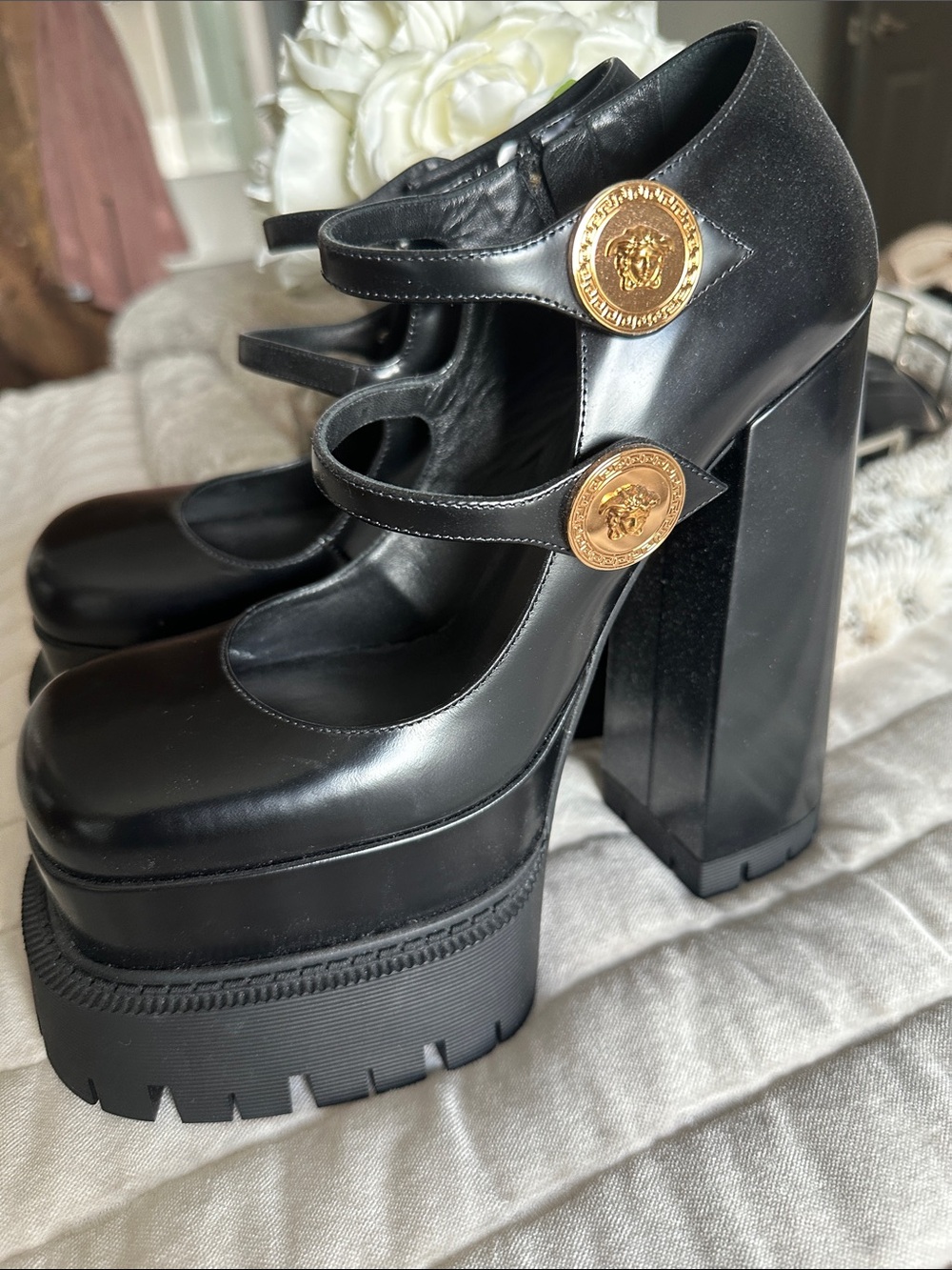 Versace Black Leather Platform Mary Jane Pumps with Gold Medallions